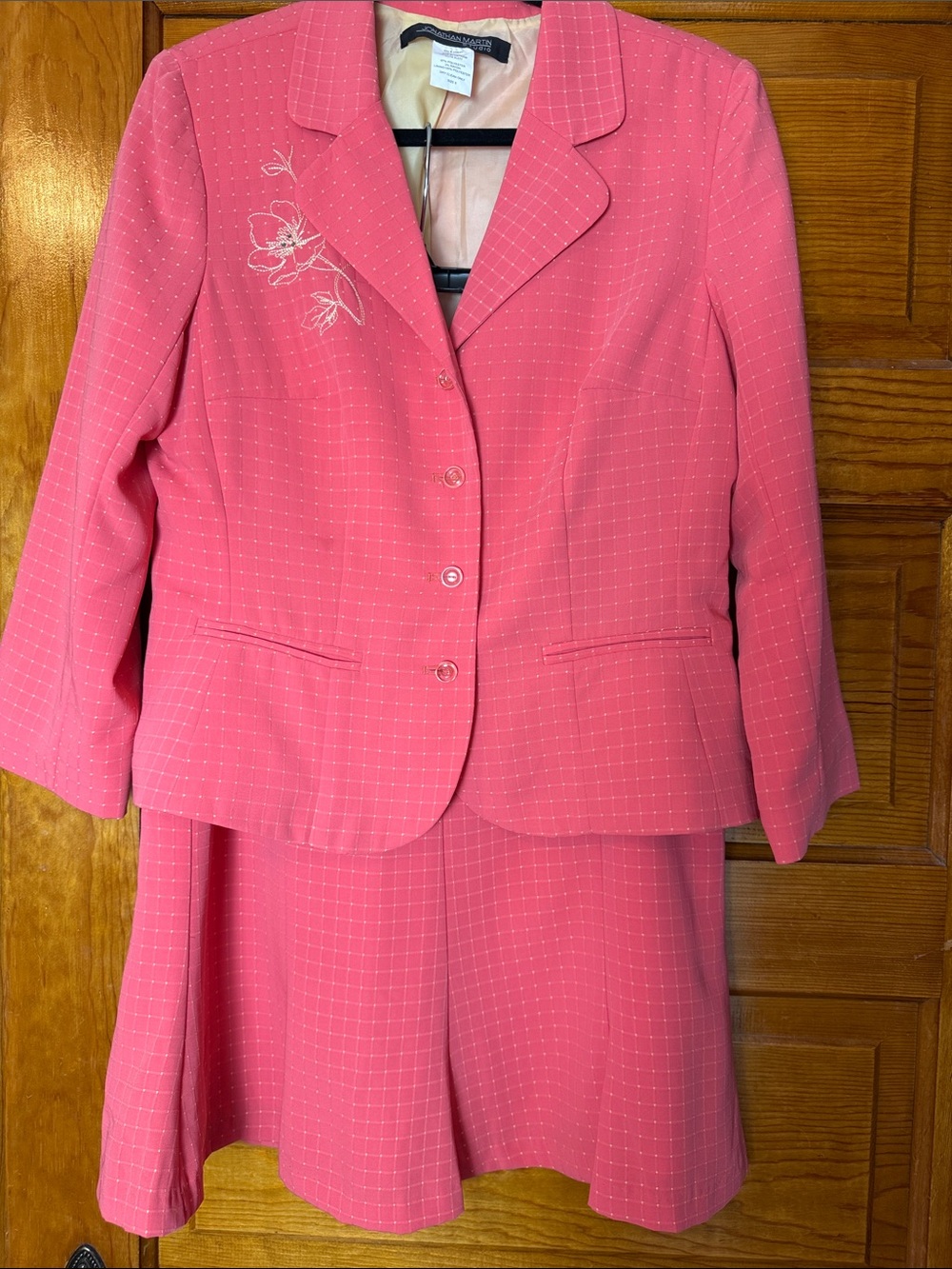 jonathan martin Pink Windowpane Embroidered Blazer and Skirt Set